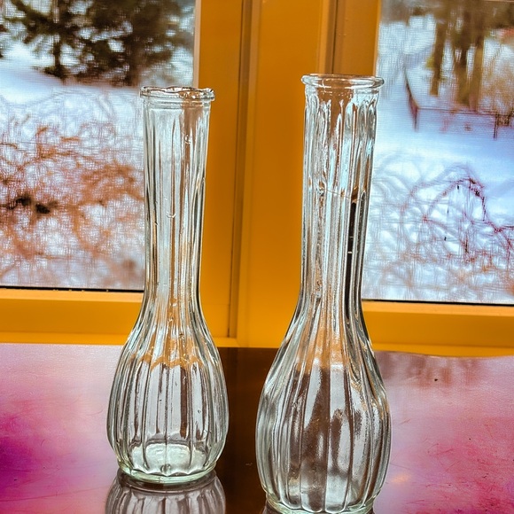 Vintage European Pressed Glass Bud Vase Set Art Deco Ribbed Clear Glass - Picture 10 of 12